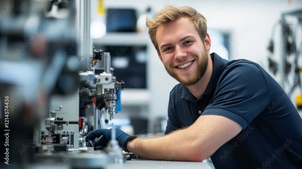 A smiling male mechanical engineer in his thirties, wearing dark blue and black with an open collar shirt underneath A smiling male mechanical engineer in his thirties, wearing dark blue and black with an open collar shirt underneath