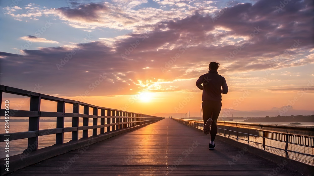 Person Running on Pier at Sunrise Against Beautiful Cloudy Sky Person Running on Pier at Sunrise Against Beautiful Cloudy Sky