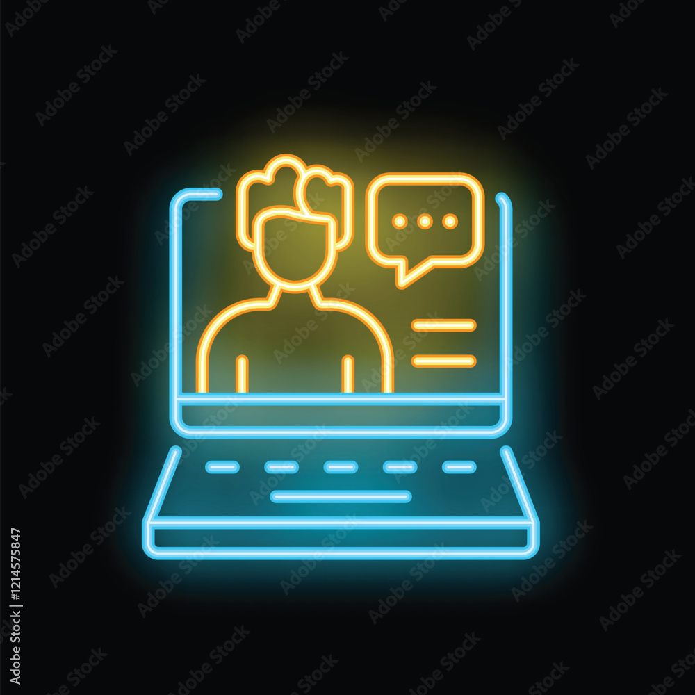 Neon style icon of an online business meeting happening on a laptop, perfect for websites and apps Neon style icon of an online business meeting happening on a laptop, perfect for websites and apps