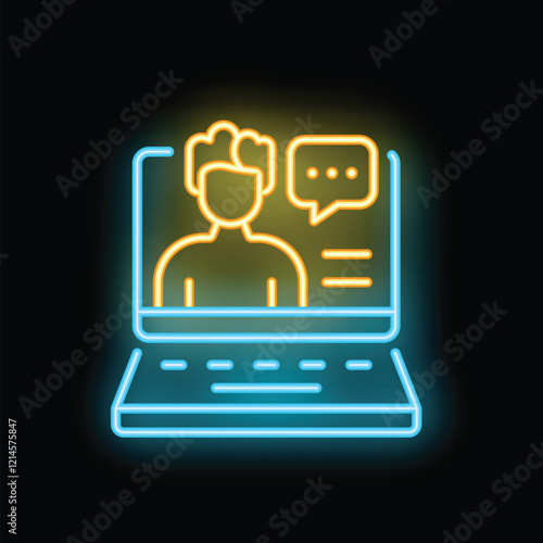 Neon style icon of an online business meeting happening on a laptop, perfect for websites and apps