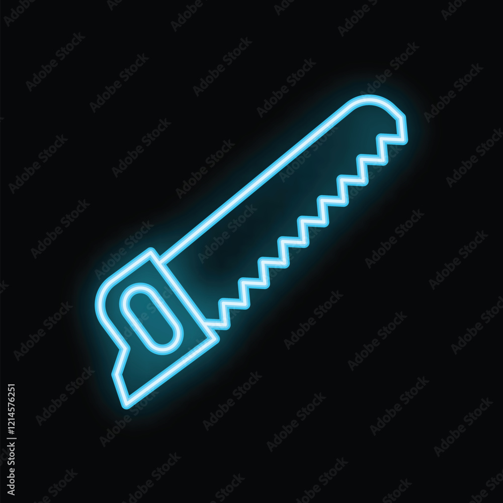 Neon saw shining in blue light on black background Neon saw shining in blue light on black background