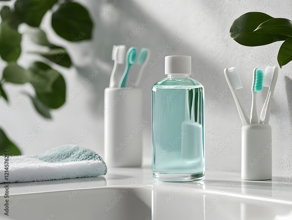 custom made wallpaper toronto digitalCompact Mouthwash Bottle on Minimalist Bathroom Counter with Hygiene Essentials