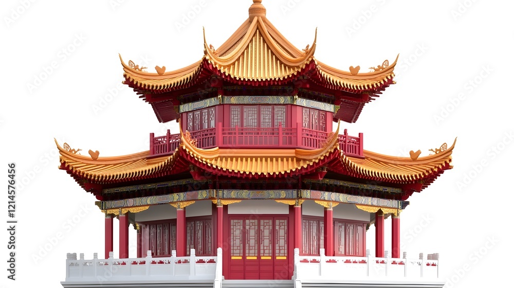 Detailed Chinese Pagoda Architectural Element with Red and Gold Accents Detailed Chinese Pagoda Architectural Element with Red and Gold Accents