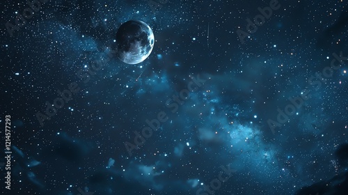 A beautiful night sky with a bright moon and stars. The moon is surrounded by a soft glow, and the stars are scattered across the sky like diamonds. photo