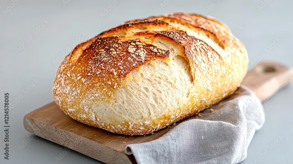 Crusty sourdough loaf on wooden board, kitchen background