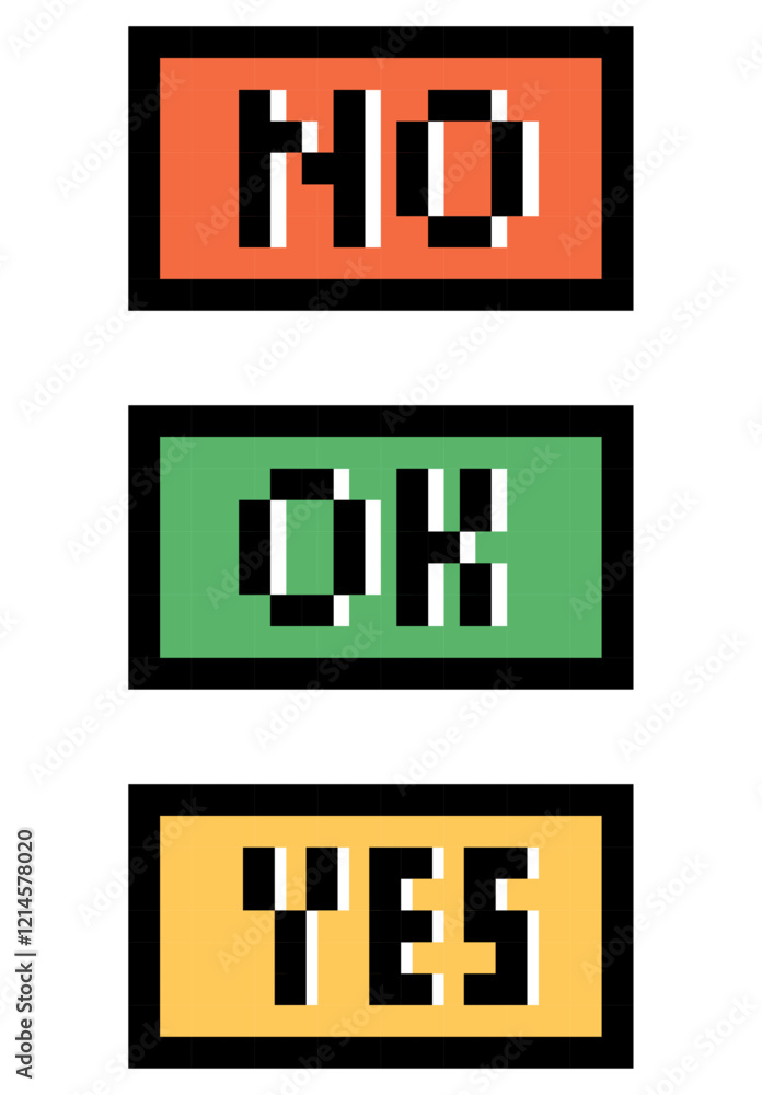 Pixelated text bubble, yes, no, ok, pixel art, 8 bit, boxes., Pixel art 8-bit speech bubbles with text. Pixelated text bubble, yes, no, ok, pixel art, 8 bit, boxes., Pixel art 8-bit speech bubbles with text.