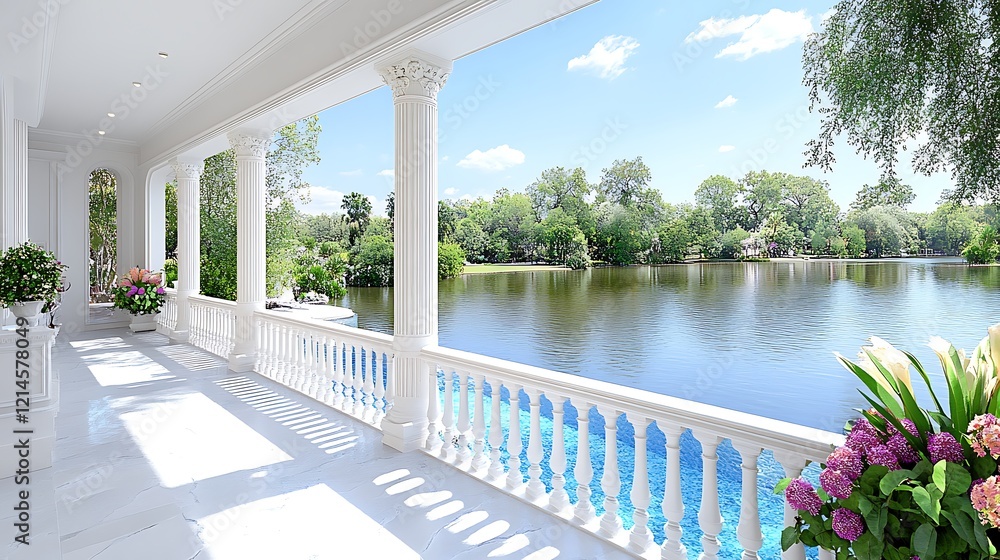Fototapeta premium Luxury Waterfront Porch with White Columns and Pool View