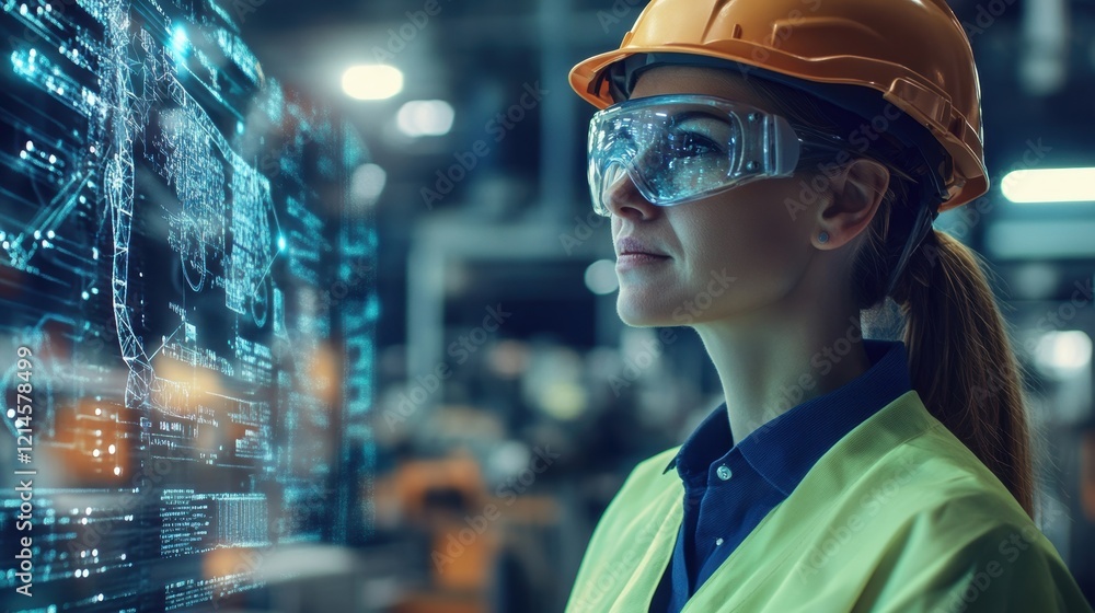 Industrial engineer wearing augmented reality goggles and safety helmet analyzing holographic projection of blueprint in a factory, visualizing data with futuristic interface