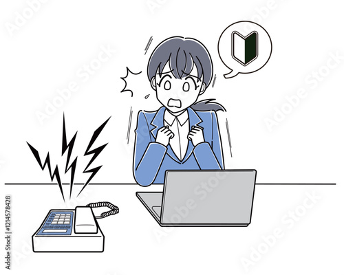 電話が鳴って怖がる電話恐怖症の新人女性（シンプル）