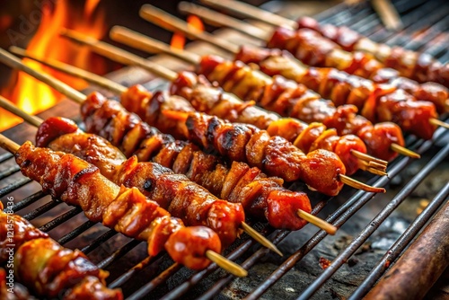 Delicious Grilled Chicken Intestines (Isaw) on Sticks - Filipino Street Food photo