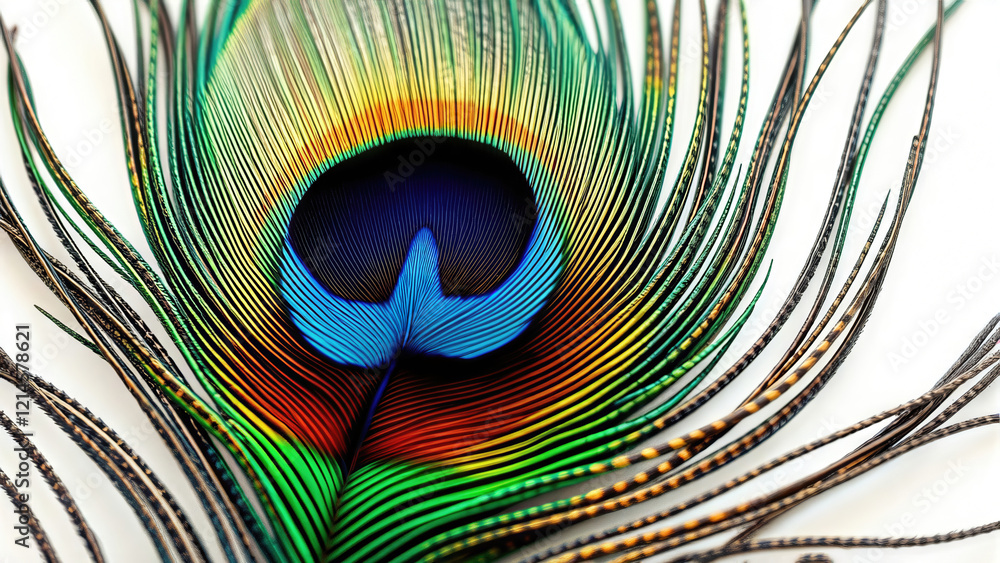Naklejka premium A macro shot of a peacock feather on white background
