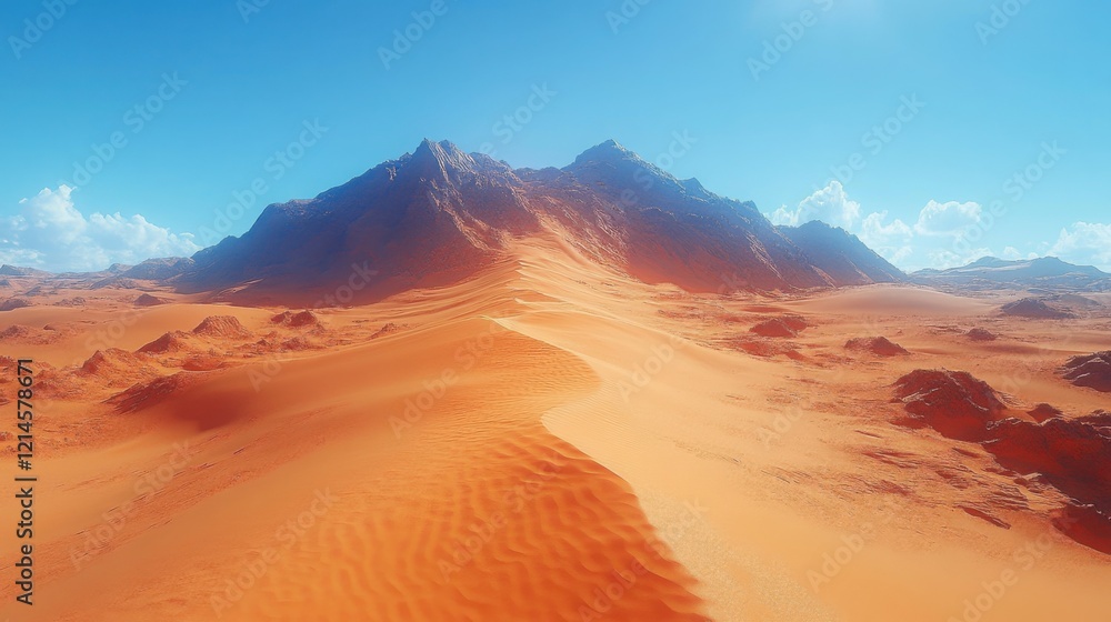 Naklejka premium Majestic Desert Landscape Rolling Sand Dunes and Rugged Mountains under a Vivid Sky