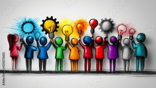 Stick Figures Holding Gears and Lightbulbs in Office Collaboration