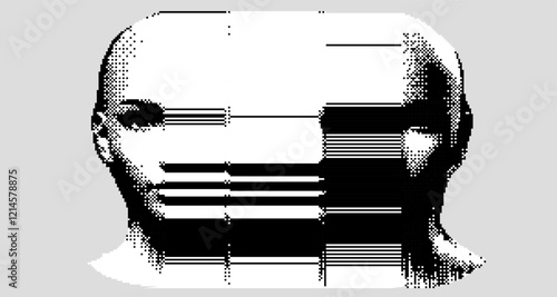 Glitched and decomposed image of a human face made of pixel particles and resembling a bar code. Conceptual image of an AI personage in a virtual reality.