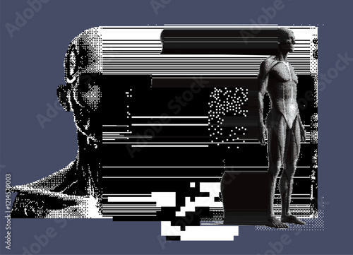 Glitched and decomposed image of a human face made of pixel particles and resembling a bar code. Conceptual image of an AI personage in a virtual reality.