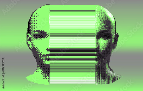 Glitched and decomposed image of a human face made of pixel particles and resembling a bar code. Conceptual image of an AI personage in a virtual reality.
