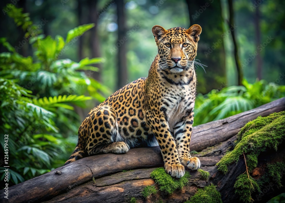 Fototapeta premium Javan Leopard Camouflaged on Fallen Log, Indonesian Wildlife