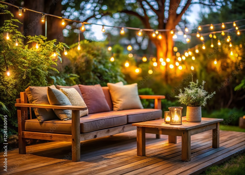 Relaxing Wooden Patio Sofa Set with Bokeh Lights - Evening Ambiance Stock Photo Relaxing Wooden Patio Sofa Set with Bokeh Lights - Evening Ambiance Stock Photo