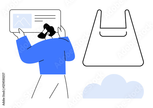 Man analyzing identification card beside an outlined shopping bag and cloud icon. Ideal for identity verification, e-commerce, data storage, online shopping, cloud computing, technology, security