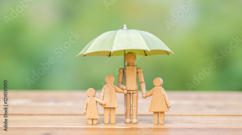 Wallpaper Mural life insurance protection, safety, care, support, love parents and children, coverage, financial stability, future planning. Wooden mannequins stand under umbrella Torontodigital.ca