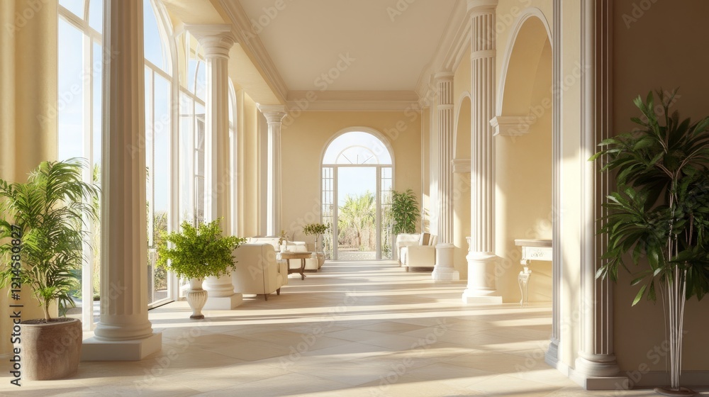 A refined living space with elegant columns, stucco-decorated pastel walls, and beige tiles creating a seamless open-plan apartment look. A refined living space with elegant columns, stucco-decorated pastel walls, and beige tiles creating a seamless open-plan apartment look.