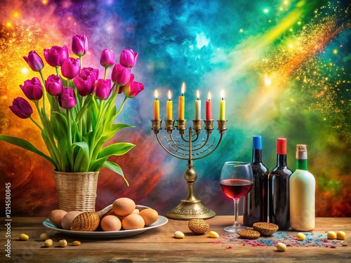 Passover Seder Feast: Spring Tulips, Matzah, & Menorah Long Exposure photo