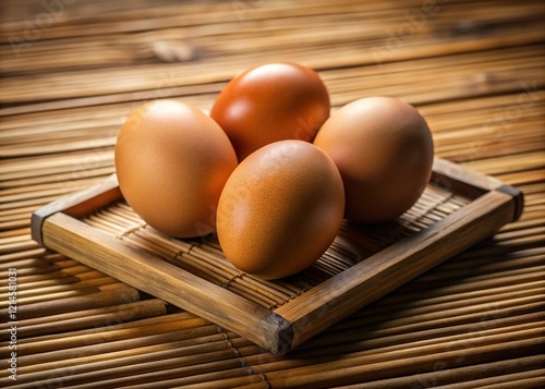 Rustic Bamboo Tray with Fresh Chicken Eggs - Farm Fresh Produce Stock Photo