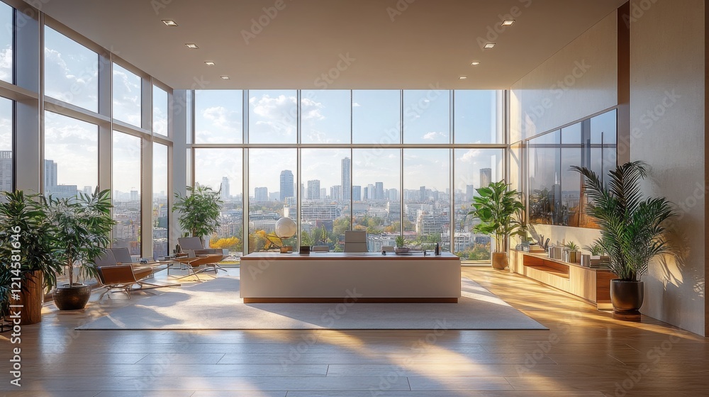 Fototapeta premium Modern Office Interior Design with City View Panoramic Windows and Stylish Furniture