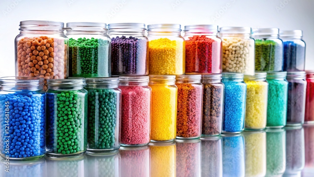 Vibrant Polymer Masterbatch Granules in Glass Jars - Plastic Industry Color Palette Vibrant Polymer Masterbatch Granules in Glass Jars - Plastic Industry Color Palette