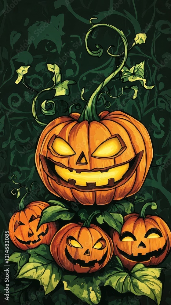 Spooky Jack O Lanterns Grow Amidst Dark Green Vines Spooky Jack O Lanterns Grow Amidst Dark Green Vines