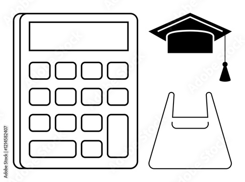 Large calculator adjacent to mortarboard and shopping bag. Ideal for education, financial planning, student budgeting, achievement, commerce, expense tracking, and economic responsibility. Abstract