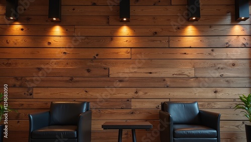 A cozy room featuring horizontal brown wood panels adorns the space, with sleek black leather chairs poised gracefully against them—one turns invitingly rightward photo