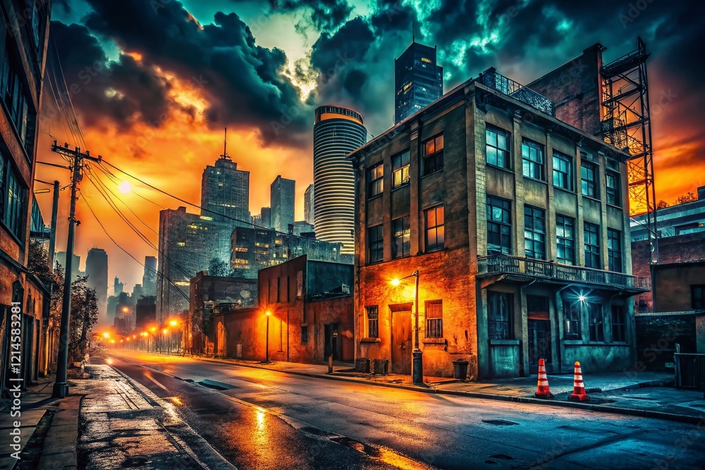 Retro Orange Grunge Night Cityscape - Urban Decay Texture Stock Photo Retro Orange Grunge Night Cityscape - Urban Decay Texture Stock Photo