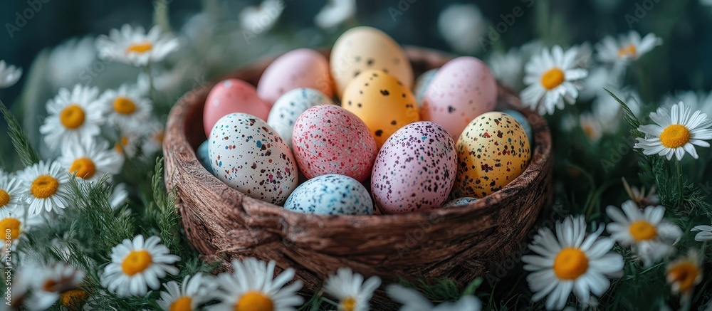 Colorful Speckled Easter Eggs in Rustic Nest Surrounded by Daisies in a Lush Green Garden Setting Colorful Speckled Easter Eggs in Rustic Nest Surrounded by Daisies in a Lush Green Garden Setting