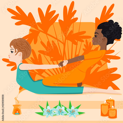 Thai massage. Therapy and treatment by professional therapist in SPA. Isolated flat vector illustration. African and European ethnicity.