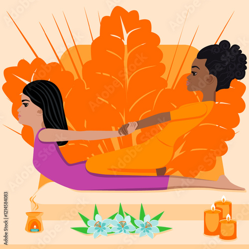 Thai massage. Therapy and treatment by professional therapist in SPA. Isolated flat vector illustration. African and Indian ethnicity.