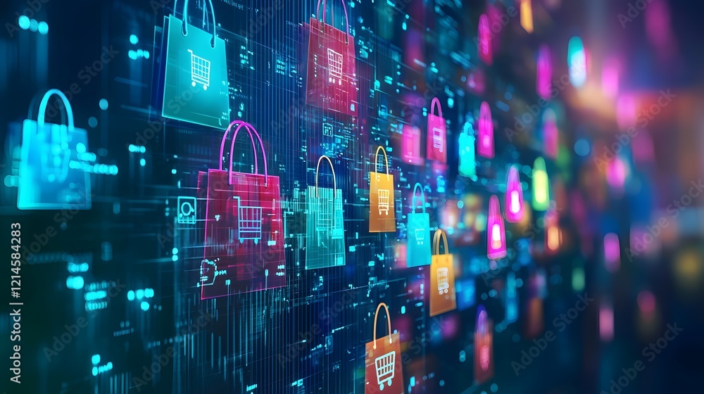 Fototapeta premium Futuristic E-commerce Interface with Vibrant Digital Shopping Bags