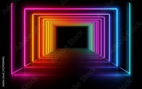 Fototapeta Naklejka Na Ścianę i Meble -  Colorful neon tunnel with perspective. Abstract background. Potential use as an illustration or a background image