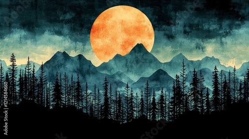 Watercolor landscape of mountains, forest, and large orange moon at night.