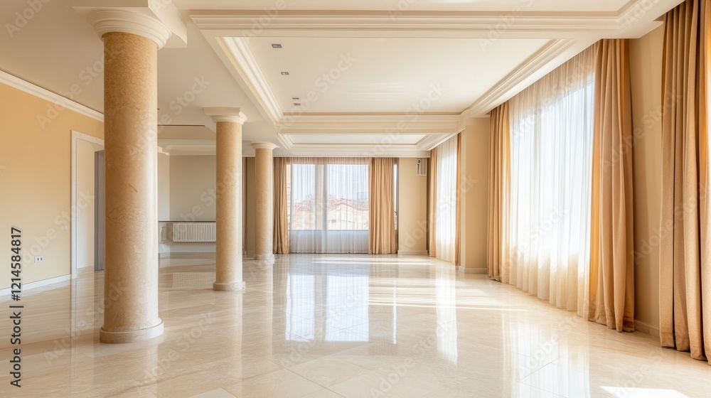 Obraz premium A spacious open-plan apartment with decorative stucco, light pastel tones, marble columns, and beige walls illuminated by large windows.
