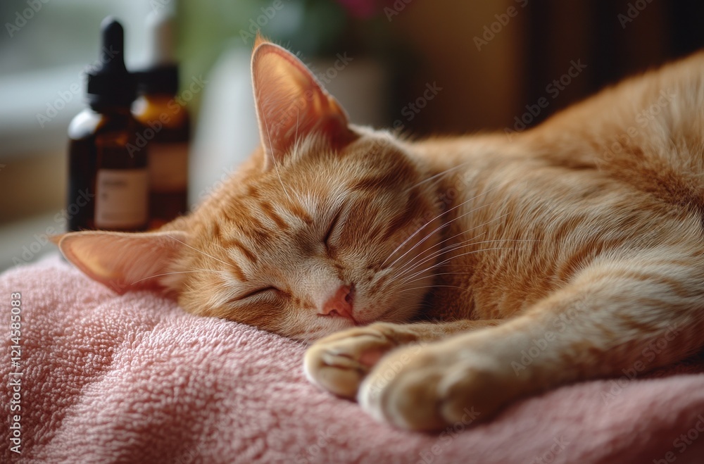 Sleepy orange cat resting peacefully on a soft blanket beside amber bottles of essential oils or herbal extracts in a sunlit, cozy indoor setting. Sleepy orange cat resting peacefully on a soft blanket beside amber bottles of essential oils or herbal extracts in a sunlit, cozy indoor setting.
