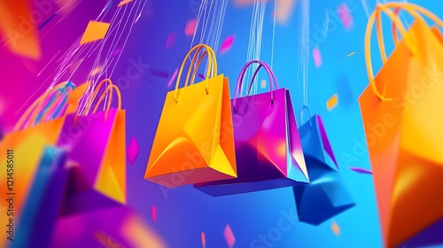 Vibrant and Interactive E-commerce Design with Floating Colorful Shopping Bags and Digital Elements