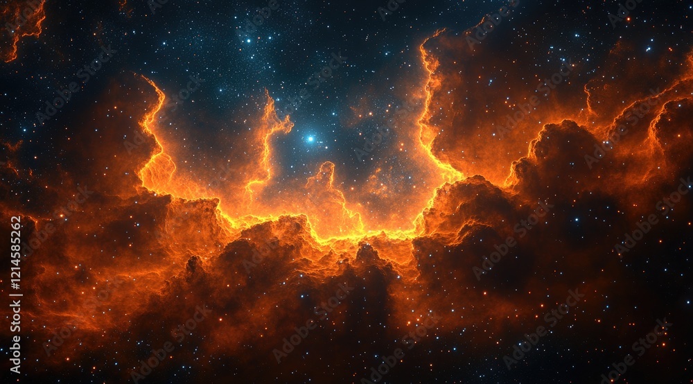 Fototapeta premium Fiery Nebula in Deep Space: Cosmic Clouds and Stars