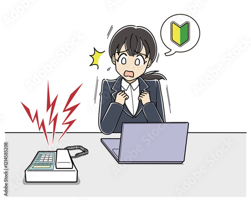 電話が鳴って怖がる電話恐怖症の新人女性（フルカラー）