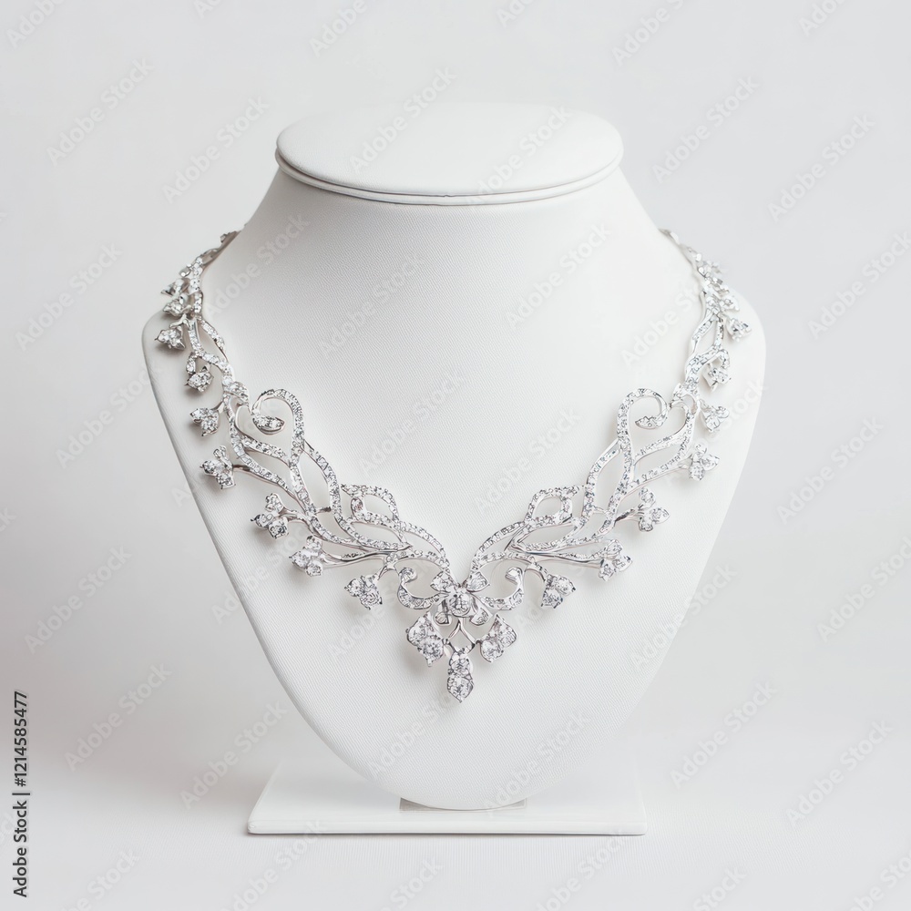 A stunning silver necklace with diamond intricate detailing, elegantly displayed on a white stand A stunning silver necklace with diamond intricate detailing, elegantly displayed on a white stand