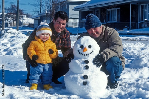 Cold weather fun for happy family: makes a frosty figure togethe photo