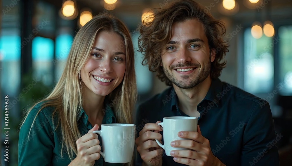 Smiling couple holding coffee cups in a cozy environment, radiating warmth and happiness Smiling couple holding coffee cups in a cozy environment, radiating warmth and happiness