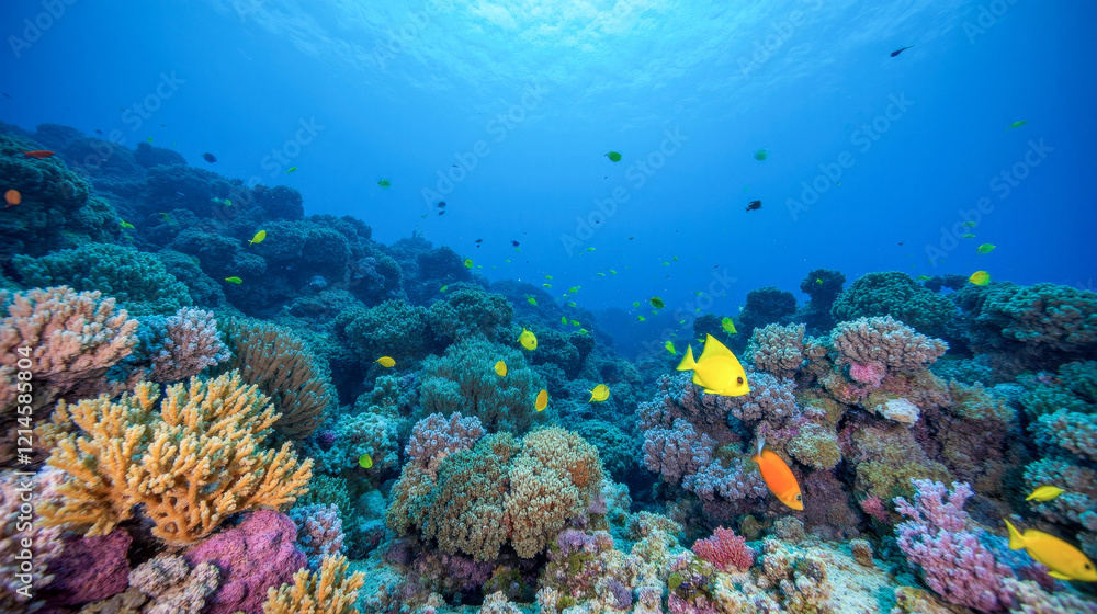 Naklejka premium Underwater view of coral reefs teeming with various species of tropical fish in bright colors, highlighting rich marine ecosystem and stunning underwater landscape