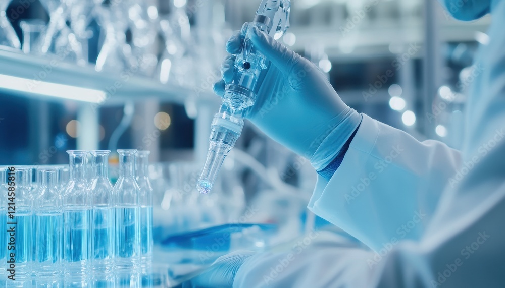 Fototapeta premium Close-up of Scientist's Hand in Glove Holding Test Tube with Blue Liquid in a Modern Laboratory Setting