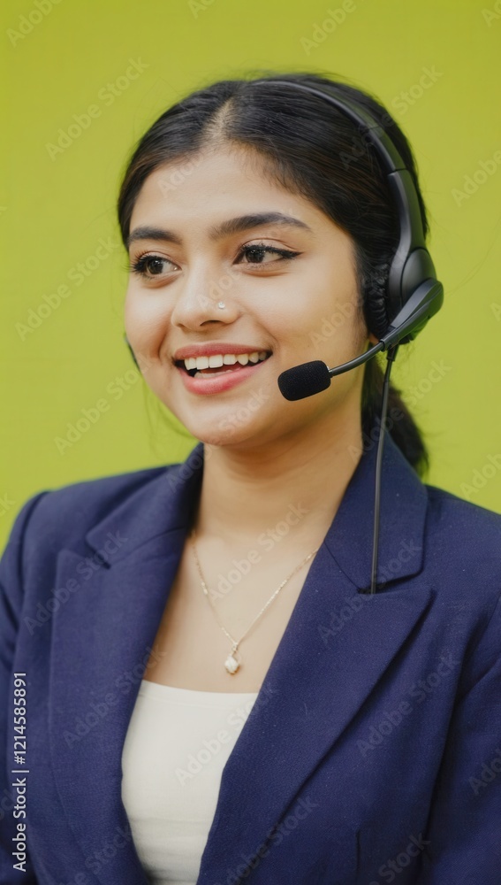 Smiling Southeast Asian woman in a navy blazer with a headset, working in a bright yellow-green background, ideal for consulting, customer service, remote work, and corporate communication Smiling Southeast Asian woman in a navy blazer with a headset, working in a bright yellow-green background, ideal for consulting, customer service, remote work, and corporate communication